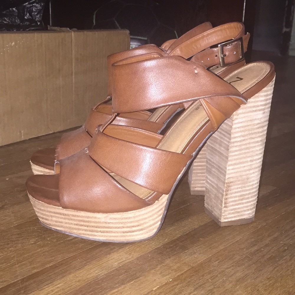 Brown Faux Leather Block Heels